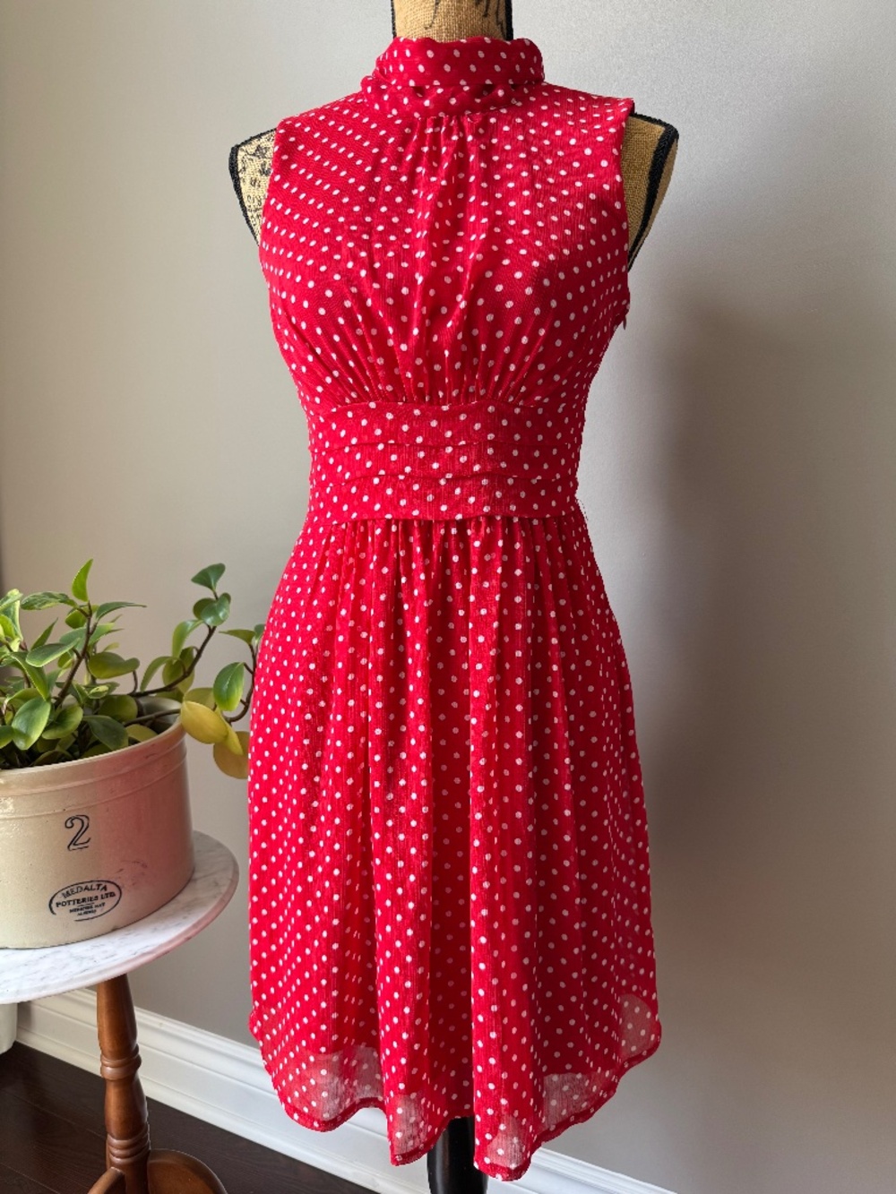 VENUS Red White Polka Dot Tie Neck Dress Smocked Waist Fit & Flare US 4